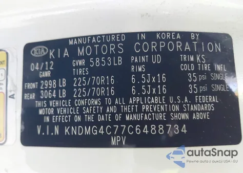 2012 Kia Sedona Lx z USA, uszkodzony, nr VIN KNDMG4C77C6488734